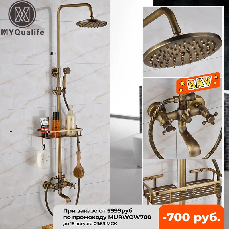 Afralia™ Antique Brass Wall Mount Bathtub Shower Faucet Dual Handle Shelf Spout