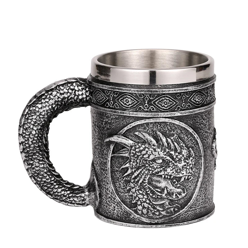 Afralia™ Silver Evil Dragon Beer Mug 450ml Retro Tankard Stainless Steel Cup