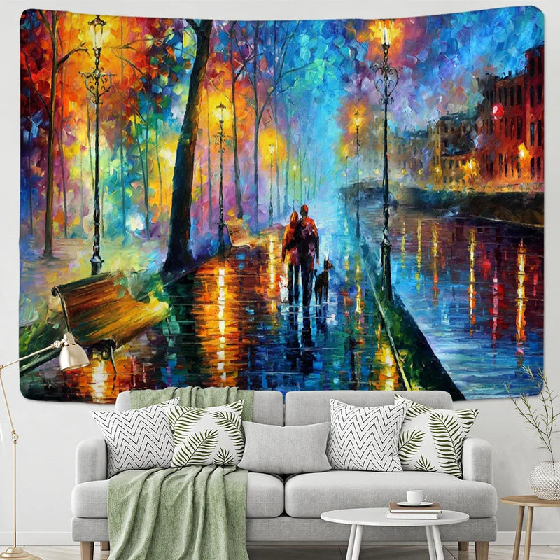 Afralia™ Night View Van Gogh Oil Painting Tapestry - Romantic Love Couple Wall Hanging