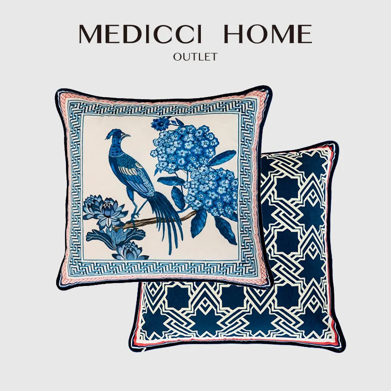 Afralia™ Hydrangea Peacock Toile Throw Pillow Cover, Blue Delft Vintage Cushion Case