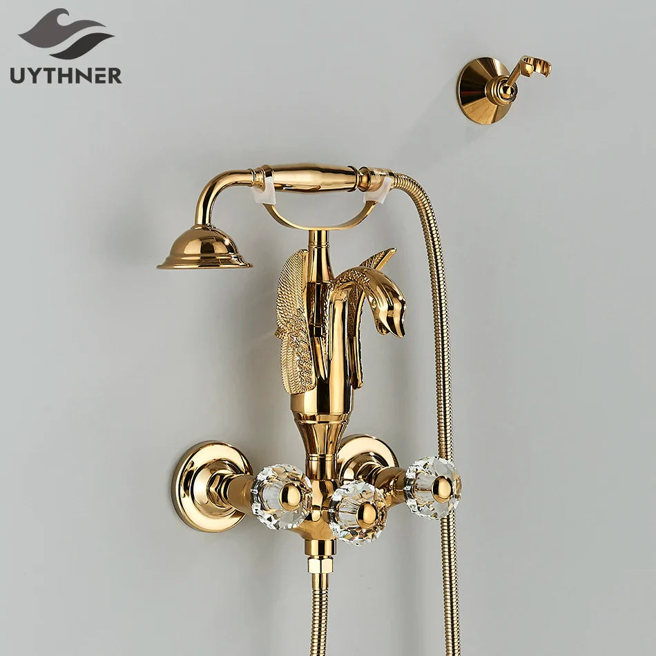 Afralia™ Swan Golden Bathroom Tub Faucet with Crystal Handwheel and Handshower