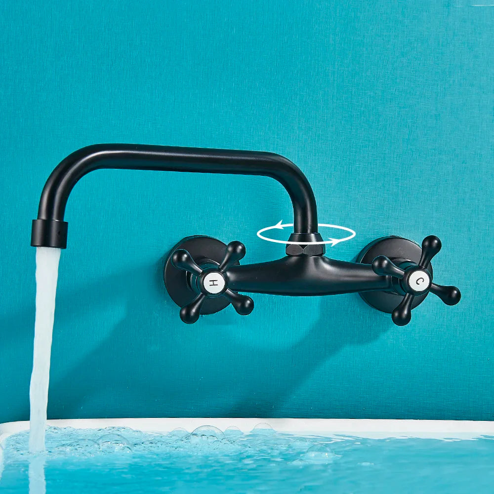 Afralia™ Black Kitchen Faucet Mixer Tap Swivel Spout Wall Mounted Hot Cold Water