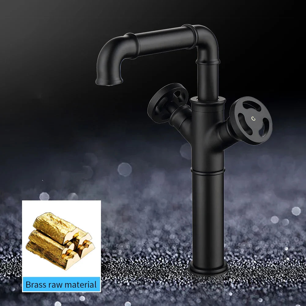 Afralia™ Matte Black Brass Bathroom Faucet Dual Handles Retro Industrial Style