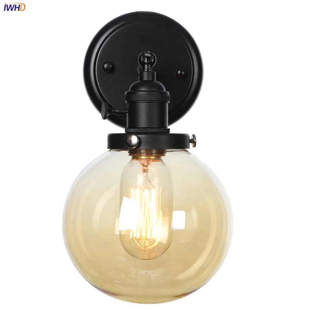 Afralia™ Loft Glass Ball Wall Light Switch Black Wall Sconces - Industrial Decor