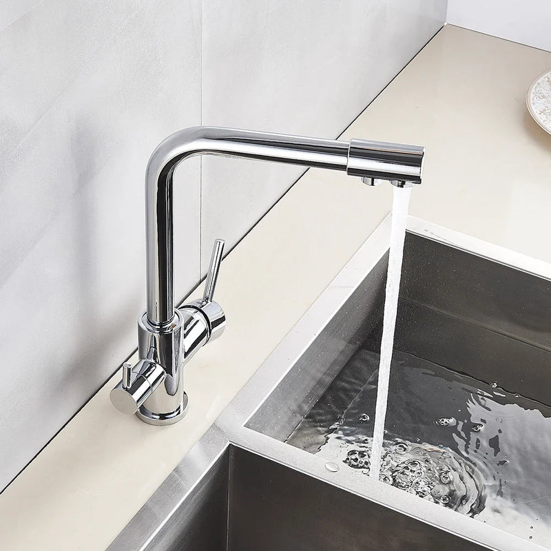 Afralia™ Chrome Brass Kitchen Faucet with Purified Water Filter - Deck Mounted Dual Handles