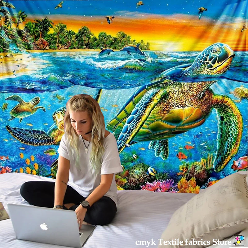 Afralia™ Rainbow Sea Turtle Dolphin Tapestry Wall Hanging Yoga Mat Beach Towel