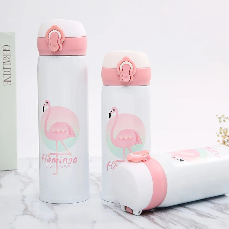 Afralia™ Flamingo Pattern Stainless Steel Insulated Vacuum Flask with Bouncing Lid