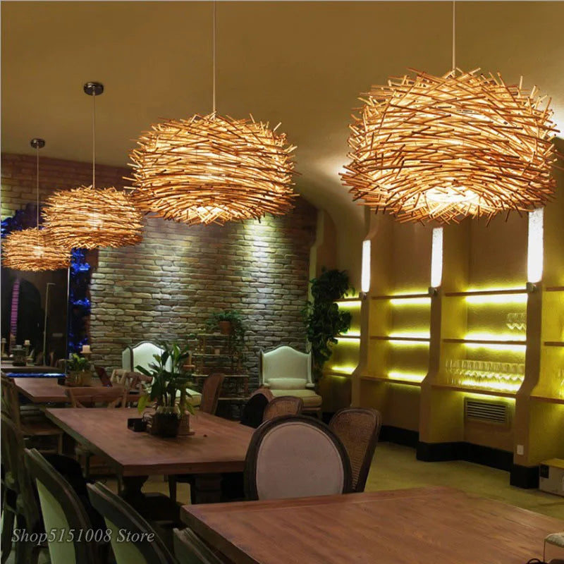 Afralia™ Rattan Wicker Bird Nest Pendant Lamp for Restaurant Cafe Living Room