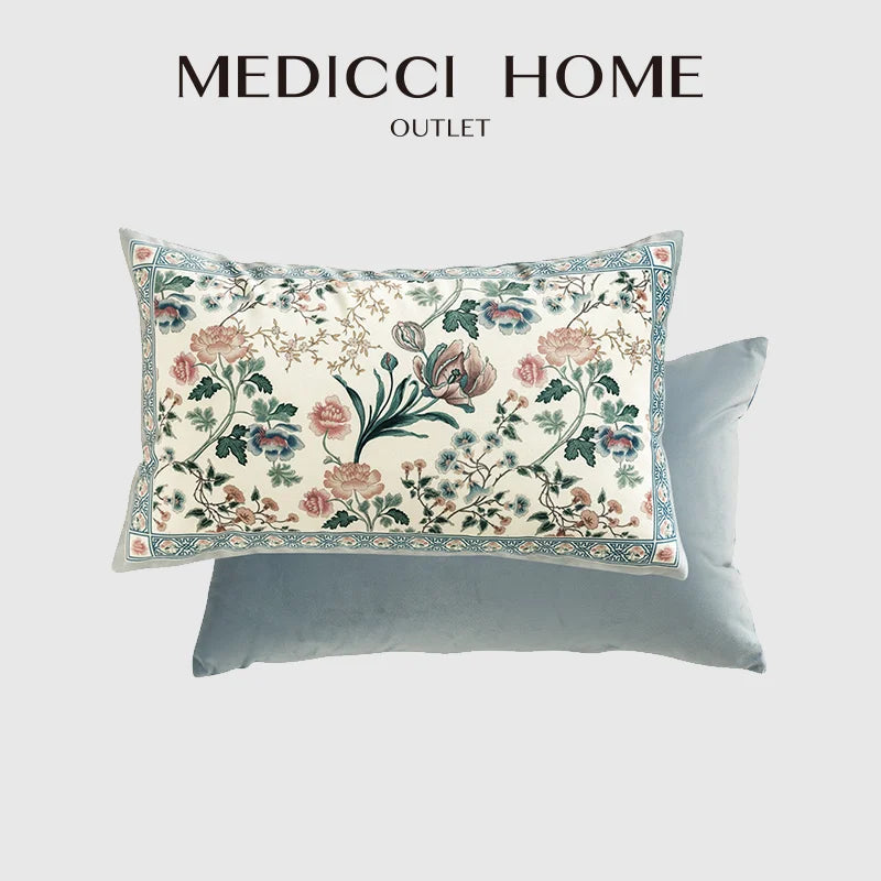 Afralia™ Oriental Floral Bird Print Gray Blue Lumbar Pillow Case for Sofa Bed Couch