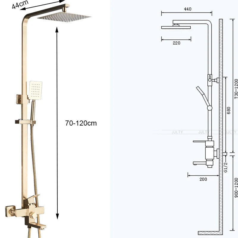 Afralia™ Brushed Gold Shower Mixer with Rotating Tub Spout and 8" Rainfall Head