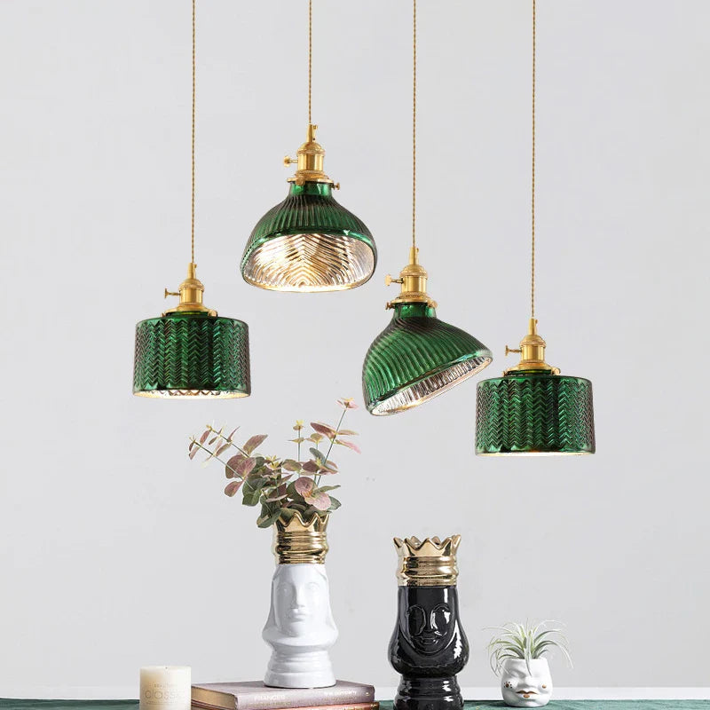 Afralia™ Green Glass LED Chandelier: Minimalist Brass Hanging Lights