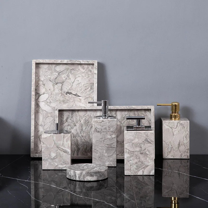 Afralia™ Marble Bathroom Accessories Set: Soap Dispenser, Toothbrush Holder, Cup, Soap Dish, Cotton Swab Can