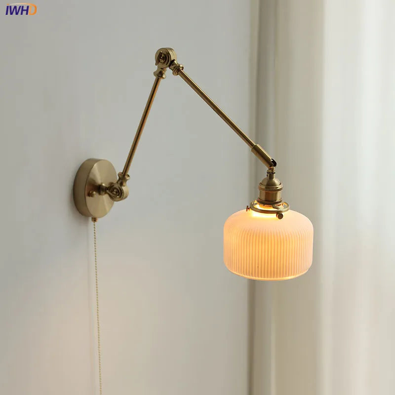 Afralia™ Copper Long Arm Wall Sconce with Pull Chain Switch LED Stair Light