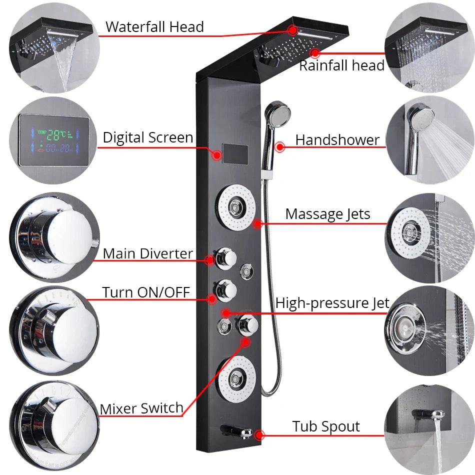 Afralia™ LED Shower Panel Column Bathtub Mixer Tap with Temperature Screen Massage.