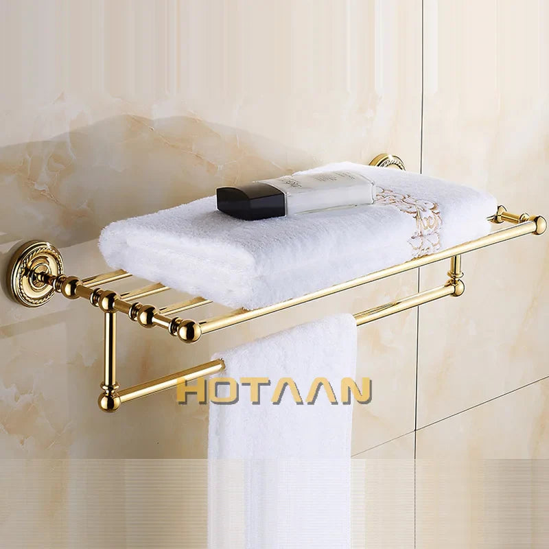 Afralia™ Gold Brass Bathroom Accessories Set: Robe Hook, Paper Holder, Towel Bar, Towel Ring