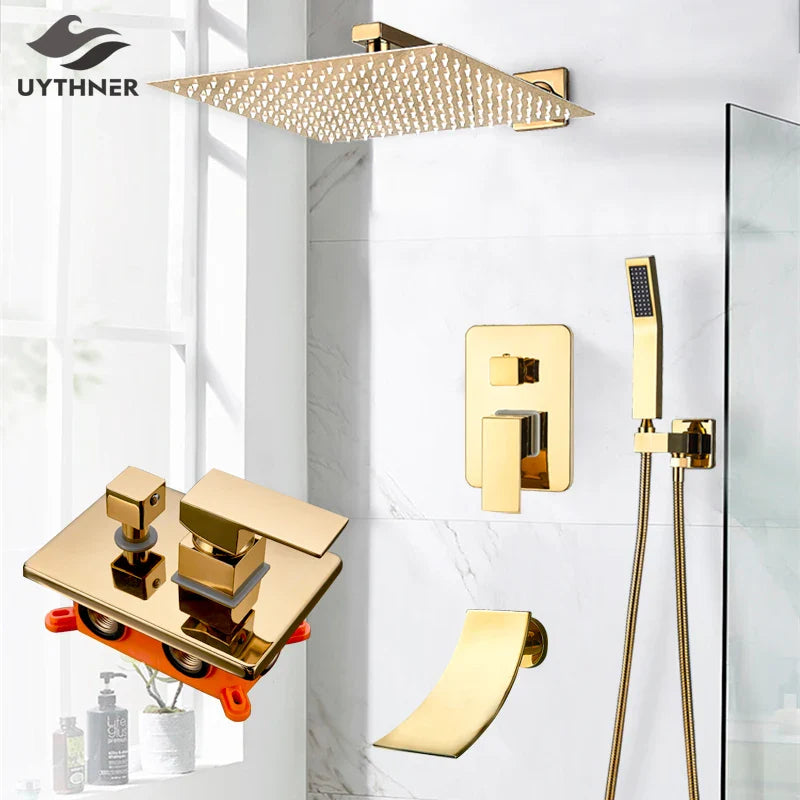 Afralia™ Gold Rainfall Shower System with Wall Mount Mixer Tap Set