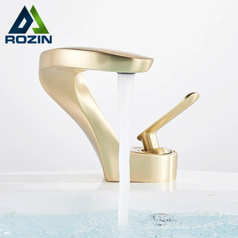 Afralia™ Brushed Gold Basin Faucet: Modern Brass Deck Mount Bathroom Mixer Tap