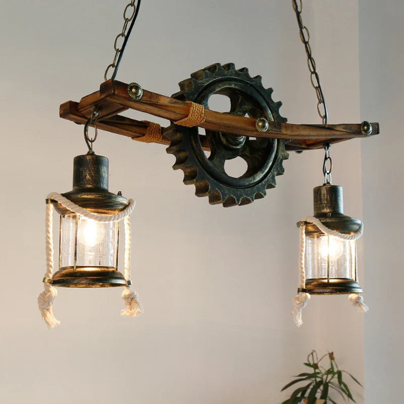 Afralia™ Vintage Wooden Glass Chandelier Pendant Lamp Industrial Hanging Light for Cafe Bar