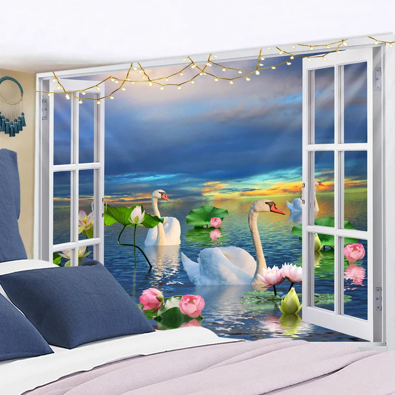 Afralia™ Window Landscape Tapestry Wall Hanging: Bohemian Scenery Hippie Decor