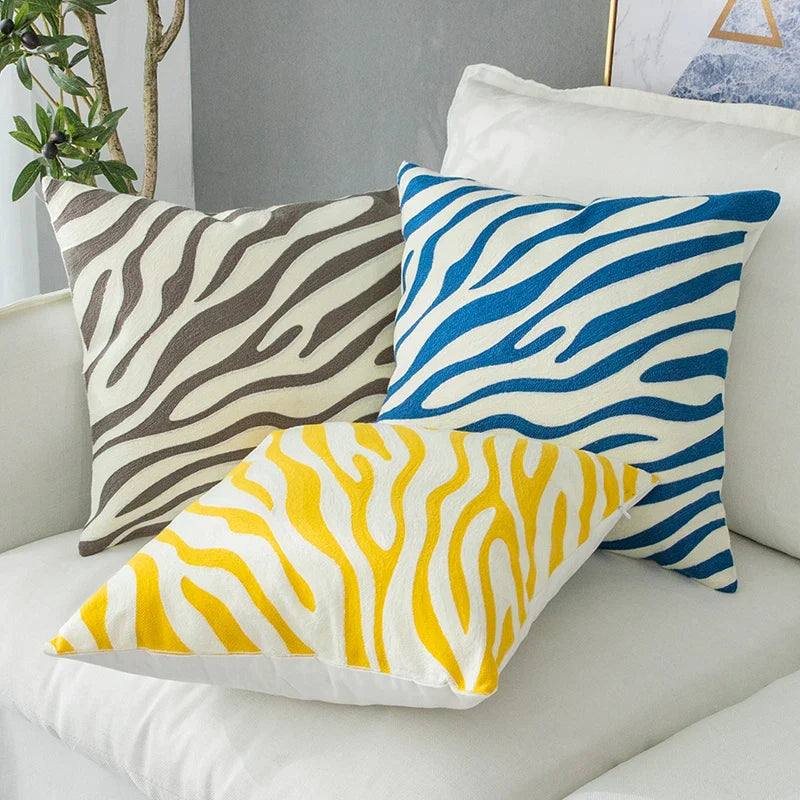 Afralia™ Zebra Pattern Embroidered Cushion Cover in Grey, Yellow, Blue