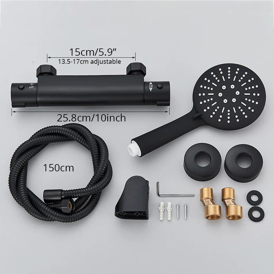 Afralia™ Black/Chrome Brass Thermostatic Shower Set with Wall Mount - Bathroom Accessories