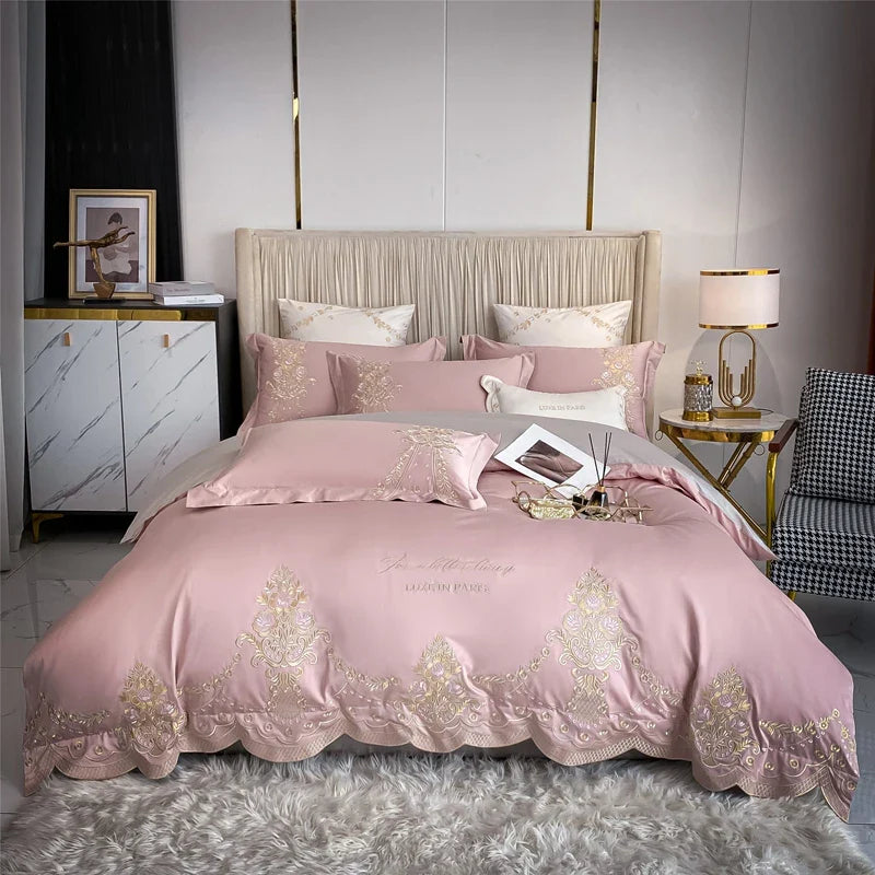 Afralia™ 1000TC Egyptian Cotton Gold Embroidery 4Pcs Bedding Set - Luxe Chic Collection
