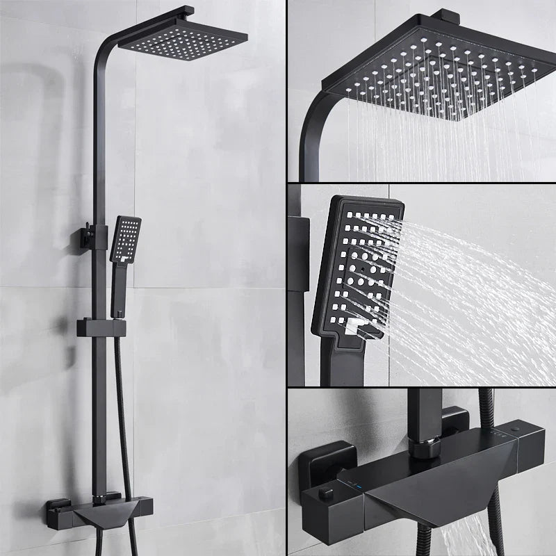 Afralia™ Matte Black Rainfall Shower & Bathtub Faucet Set with Thermostatic Mixer