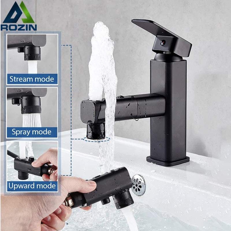 Afralia™ Matte Black Basin Faucet: Pull Out Deck Mounted Mixer Tap for Bathroom.