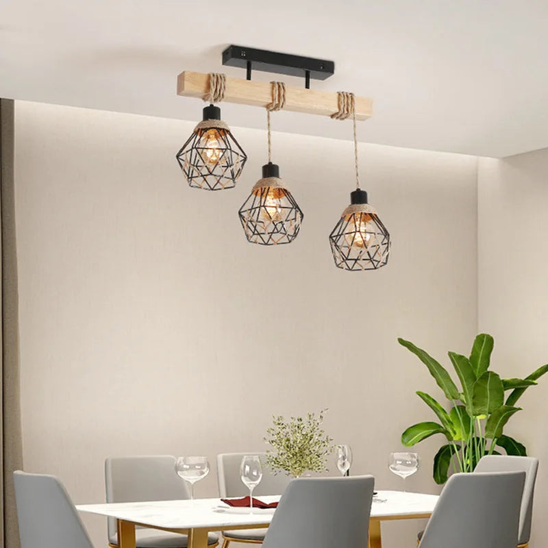 Afralia™ Vintage Hemp Rope Wood Chandelier for Dining Room and Bar