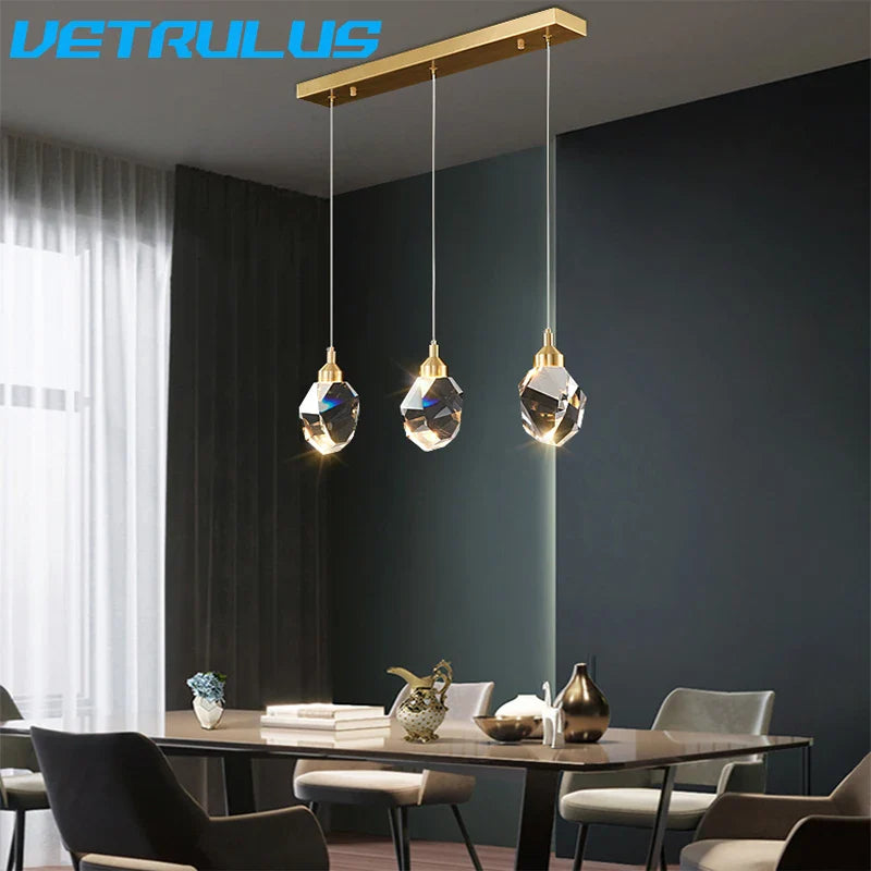 Afralia™ Diamond Crystal LED Chandelier, Brass Ceiling Pendant Light for Dining Room