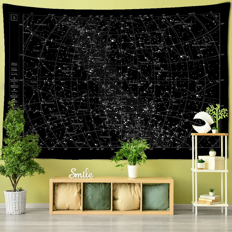 Afralia™ Interstellar Sky Map Constellations Tapestry- Black Galactic Wall Decor