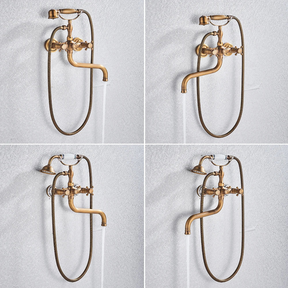 Afralia™ Brass Antique Tub Faucet with Long Spout, Rotate Handle and Handshower