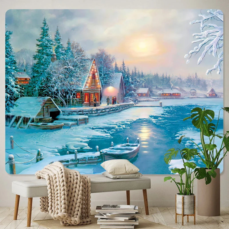 Afralia™ New Year Christmas Snow Scene Oil Painting Tapestry Bohemian Home Decor