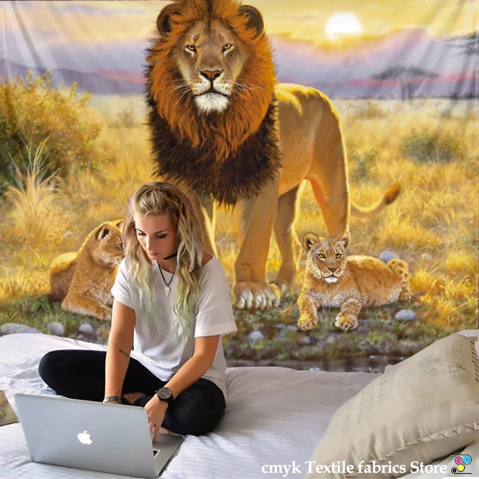 Afralia™ Lion Tapestry African Grassland Animals Cartoon Wall Hanging Blanket