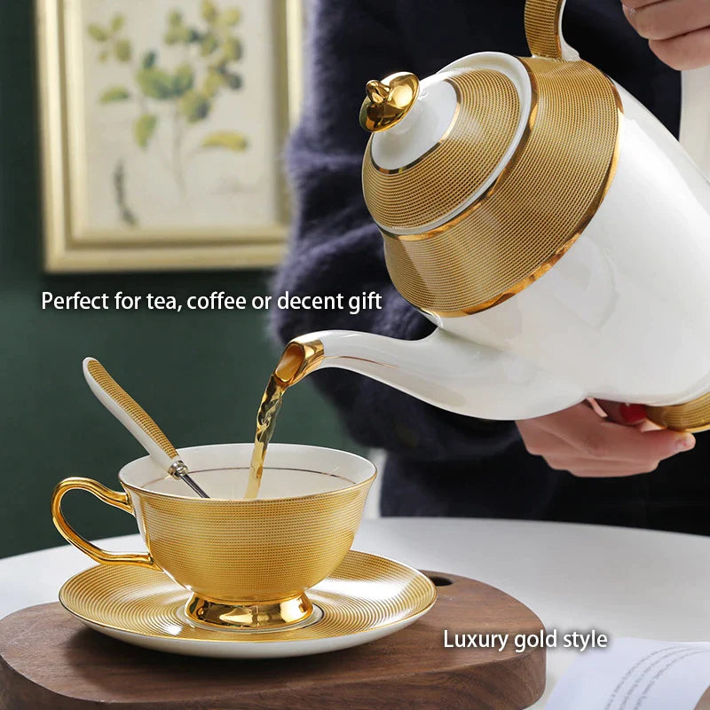 Afralia™ Luxury Gold Bone China Coffee Tea Set Porcelain Drinkware Cup Pot Teapot Creamer