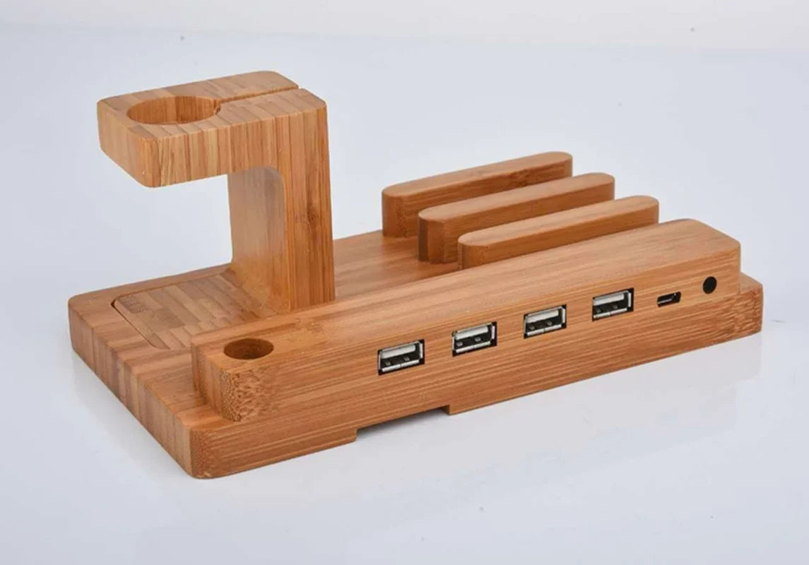 Afralia™ Bamboo Base 3-in-1 Charging Stand for Phone and Watch
