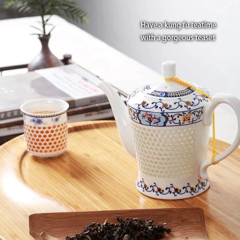 Afralia™ Blue White Porcelain Tea Set Kungfu Teaware Green Puer Tea Cup Pot Teatime Set
