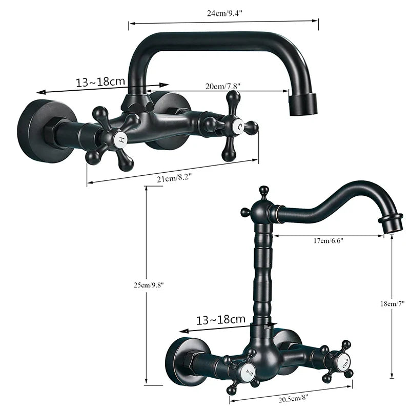 Afralia™ Antique Brass Basin Faucet Wall Mounted Dual Handles Swivel Spout Mixer Tap