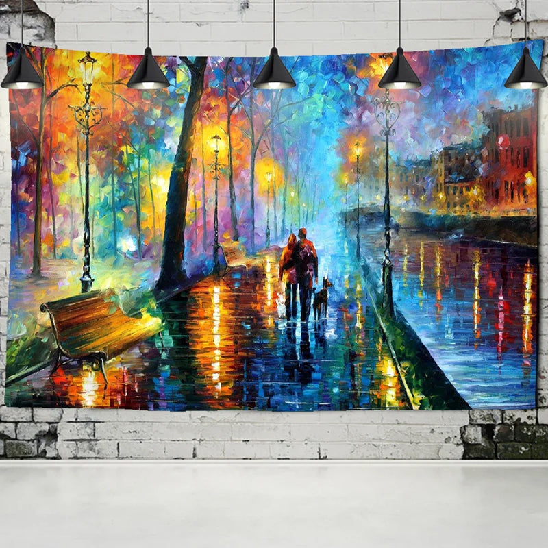 Afralia™ Night View Van Gogh Oil Painting Tapestry - Romantic Love Couple Wall Hanging