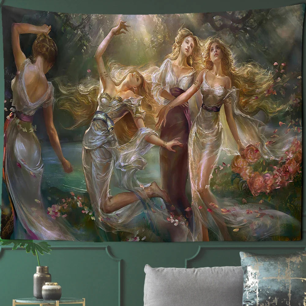 Afralia™ Court Woman Gothic Architecture Tapestry Wall Art with Rose Scenery & Pigeons