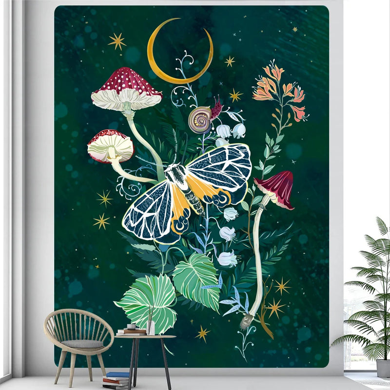 Afralia™ Psychedelic Moon Mushroom Butterfly Elf Tapestry Wall Hanging