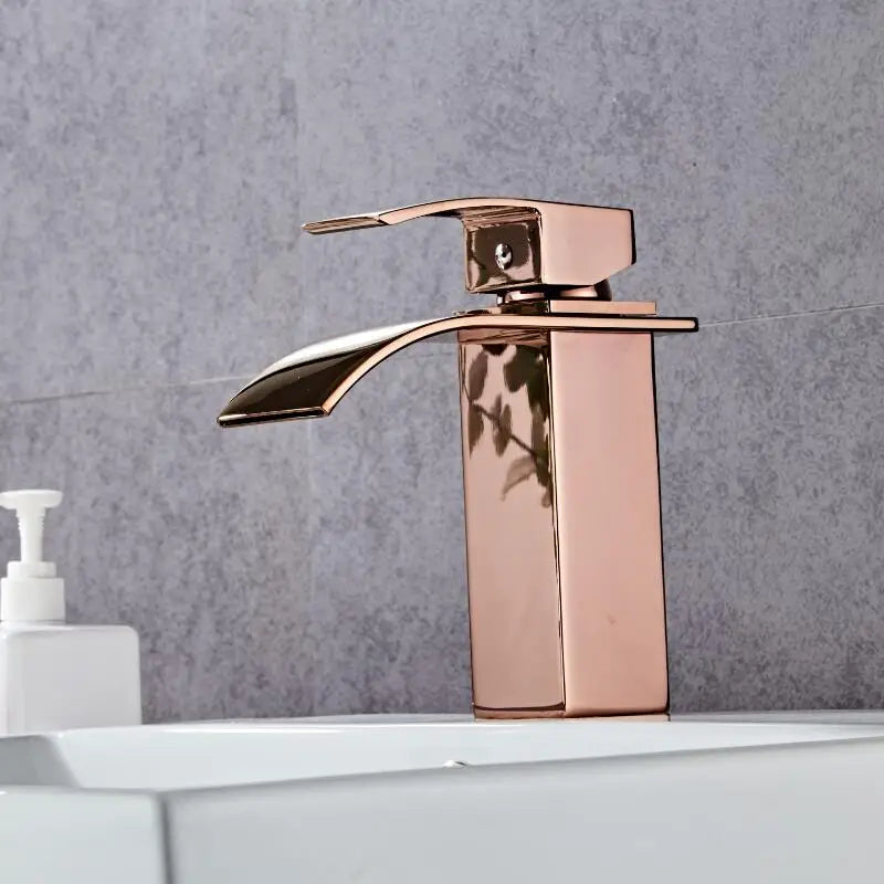 Afralia™ Rose Gold Brass Basin Faucet Waterfall Mixer Single Handle Deck Mounted