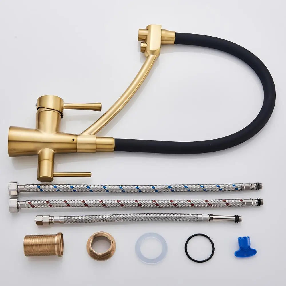Afralia™ Brushed Gold Kitchen Faucet Pull Down with Pure Water Filter System