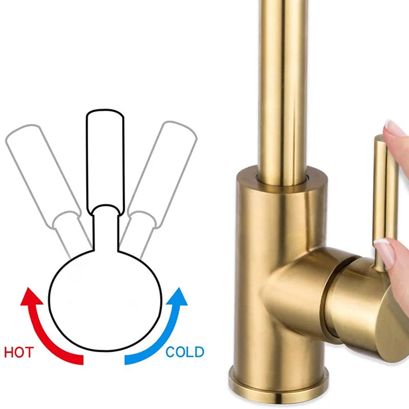 Afralia™ Brushed Gold Stainless Steel Kitchen Faucet 360 Rotate Deck Mount Sink Mixer Taps