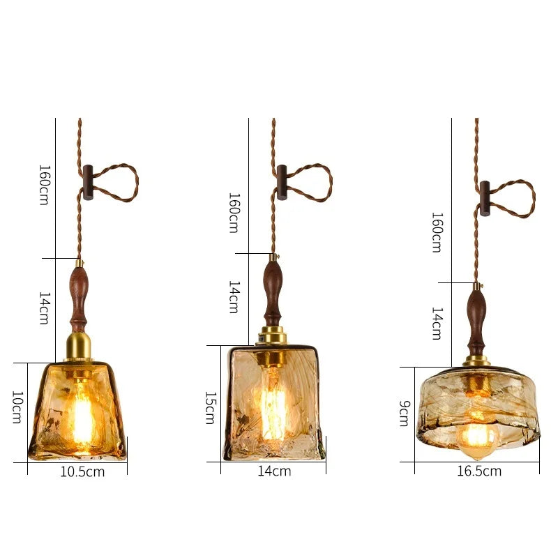 Afralia™ Wood Copper Pendant Lights, Amber Glass Japanese Style Hanging Lamp, Adjustable LED Fixtures