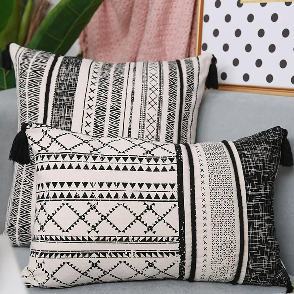 Afralia™ Retro Cotton Black Cushion Cover with Tassles, Boho Style Home Decor