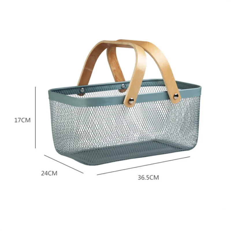 Afralia™ Rectangular Iron Mesh Storage Basket with Wood Handle for Kitchen and Bathroom