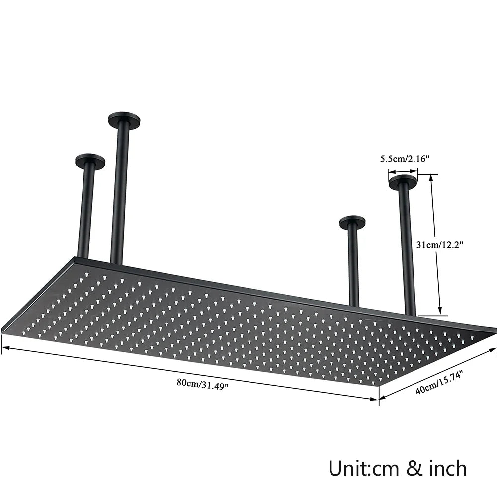 Afralia™ Matte Black LED Shower Head 40*80cm Ceiling Mounted Rainfall Shower Heads with Arm
