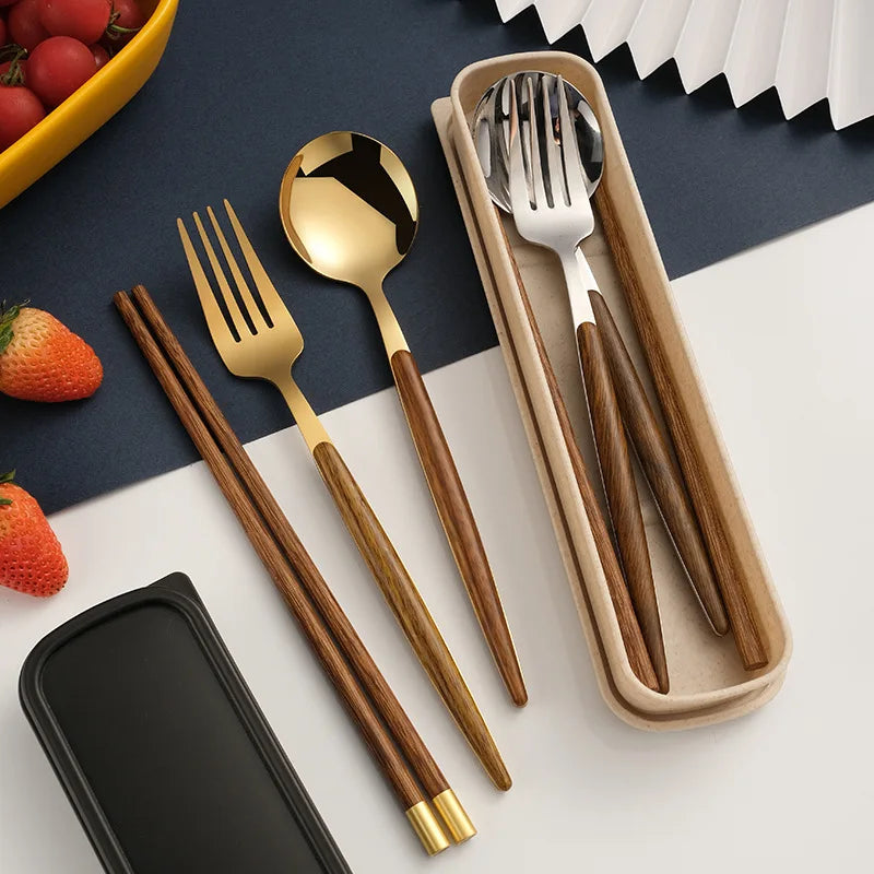 Afralia™ Stainless Steel Wooden Handle Cutlery Set Kitchen Tableware