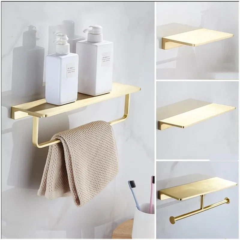 Afralia™ Total Brass Wall Mounted Bathroom Shelf in Brushed Gold Finish